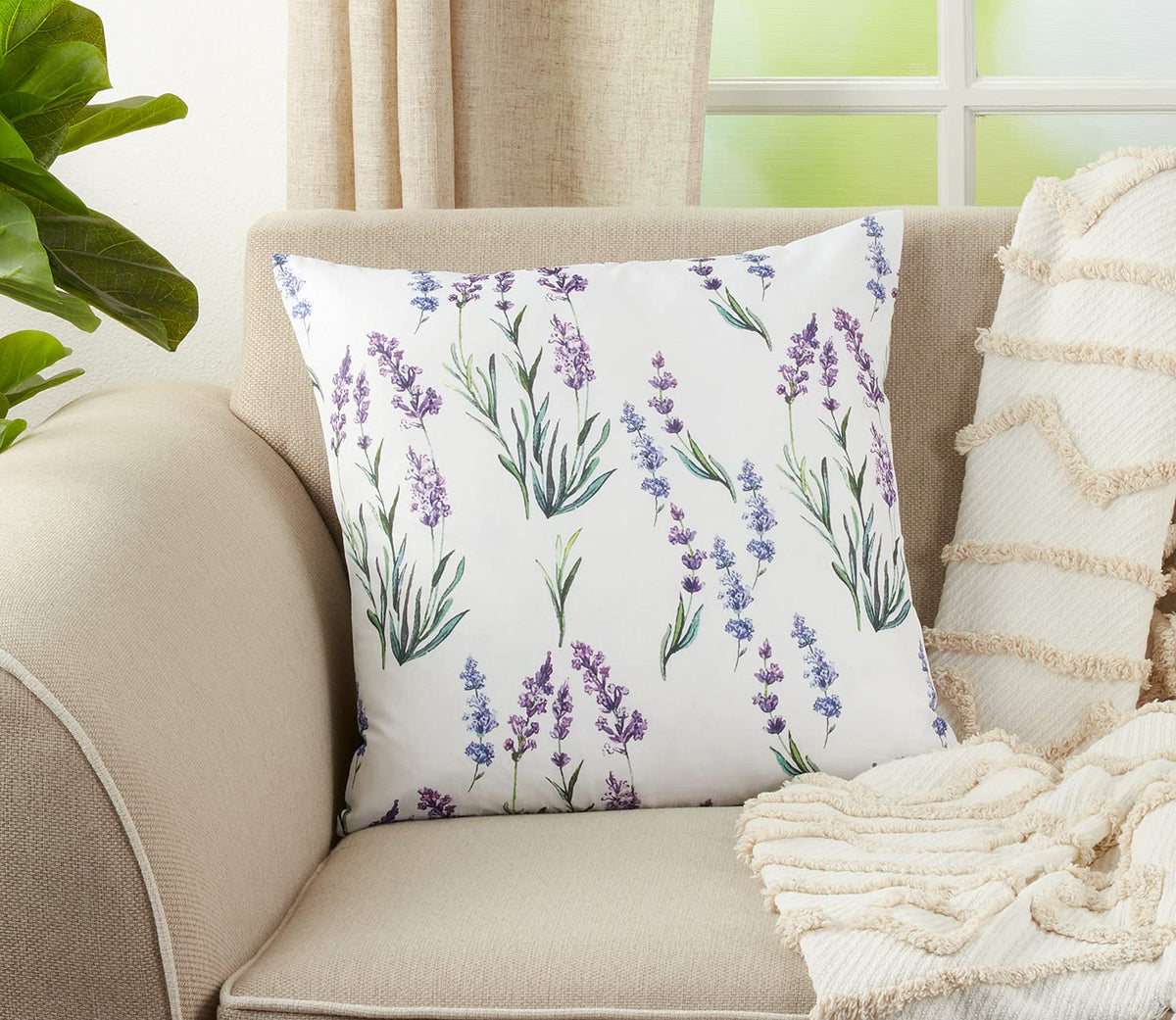 Fennco Styles Garden Lavender Print Decorative Throw Pillow 18" W x 18" L – Floral Square Cushion for Home, Couch, Sofa, Bedroom, Office Décor and Special Occasion