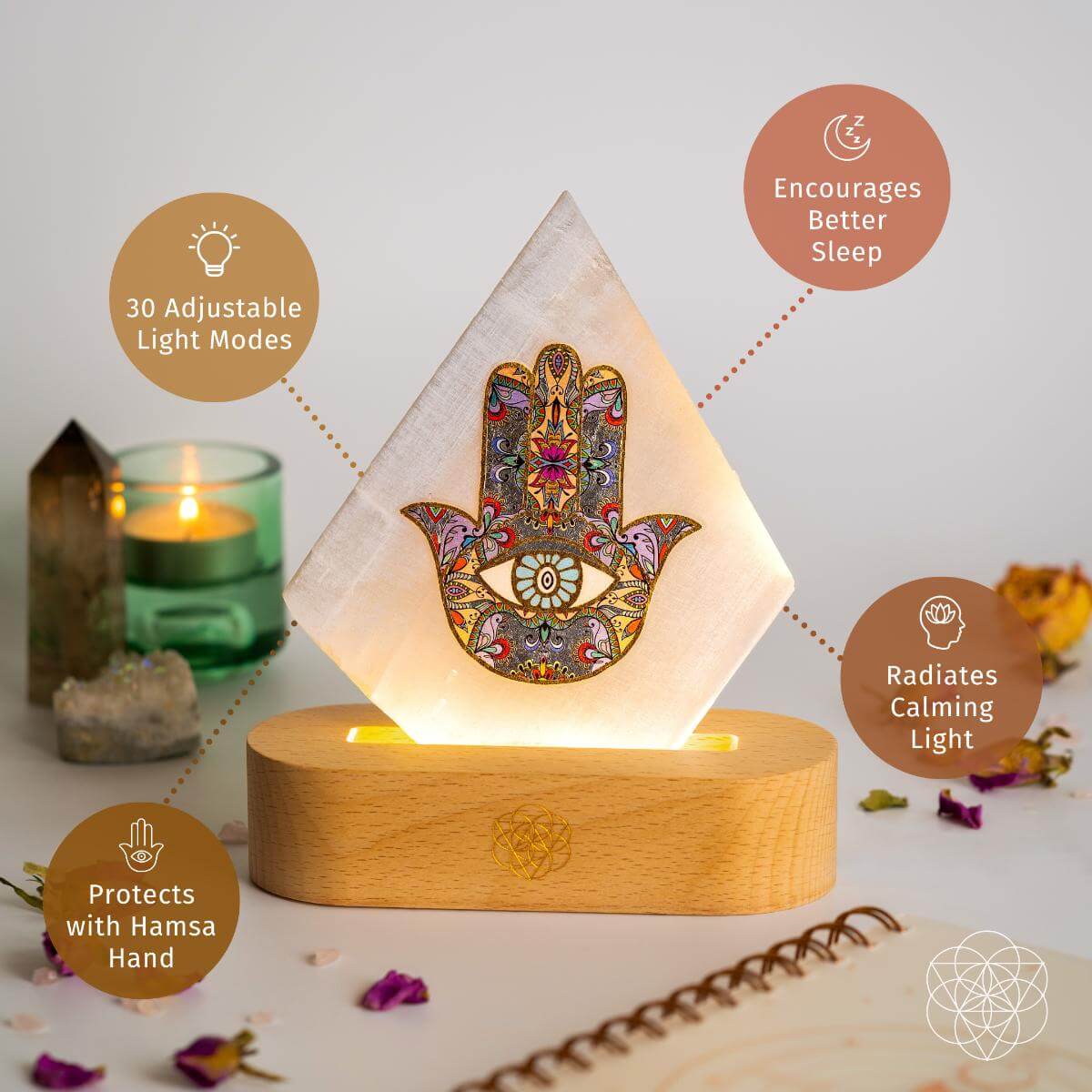 Hearthlight Hamsa Selenite Lamp with Wooden Base