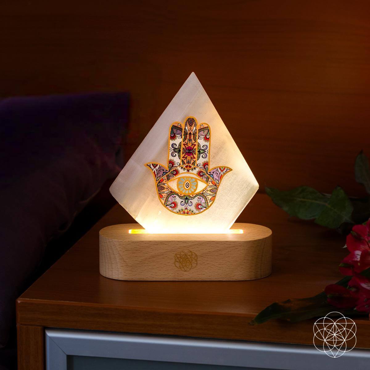 Hearthlight Hamsa Selenite Lamp with Wooden Base