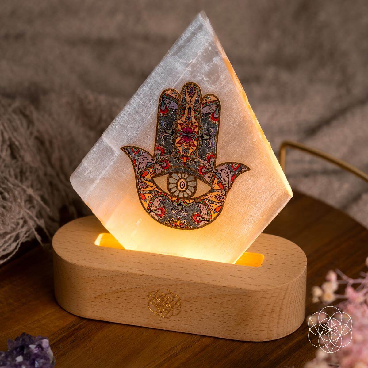 Hearthlight Hamsa Selenite Lamp with Wooden Base