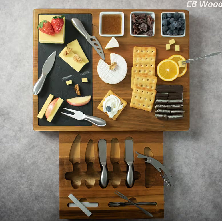 Acacia Wood Cheese Board Set with Integrated Storage Drawer