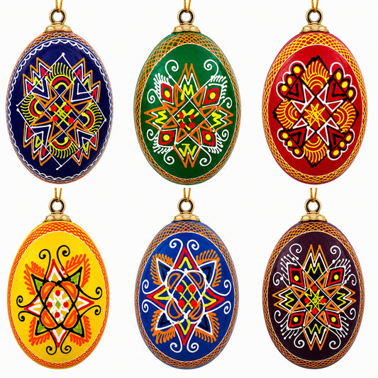 Set of 6 Hand Painted Wooden Ukrainian Easter Egg Ornaments 2.5 Inches