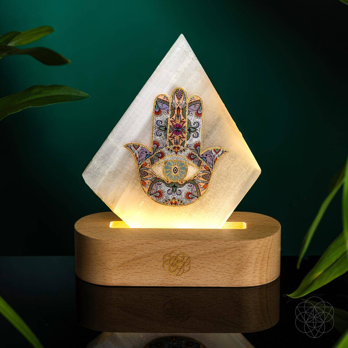 Hearthlight Hamsa Selenite Lamp with Wooden Base