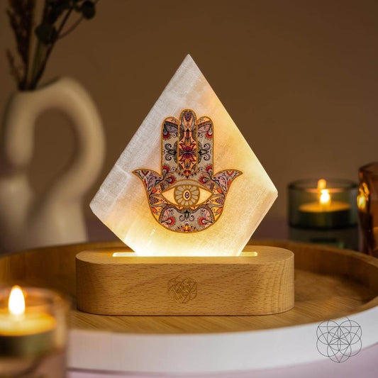 Hearthlight Hamsa Selenite Lamp with Wooden Base